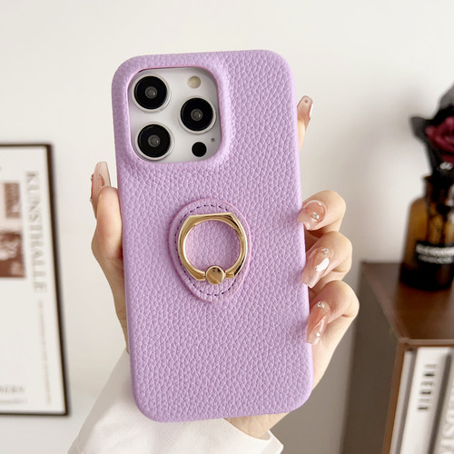 iPhone 15 Pro Max Litchi Texture Ring Holder Shockproof Phone Case - Purple
