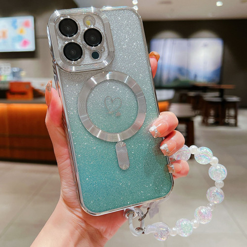 iPhone 15 Pro Max Loves Gradient Glitter Bracelets Carbon Fiber Magsafe TPU Phone Case - Green