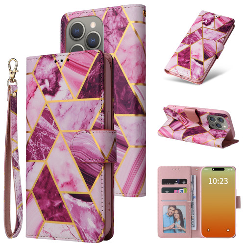 iPhone 15 Pro Max Marble Bronzing Stitching Leather Phone Case - Purple