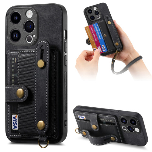 iPhone 15 Pro Max Retro Cross Wristband Wallet Leather Back Phone Case - Black