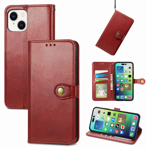 iPhone 15 Pro Max Retro Solid Color Buckle Leather Phone Case - Red