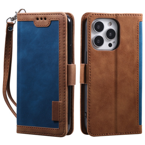 iPhone 15 Pro Max Retro Splicing Horizontal Flip Leather Phone Case - Blue