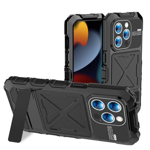 iPhone 15 Pro Max R-JUST Metal + Silicone + Tempered Glass Life Waterproof Phone Case with Holder - Black