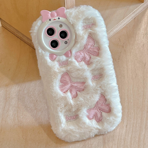 iPhone 15 Pro Embroidered Plush TPU Phone Case - Beige Bow