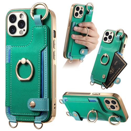 iPhone 15 Pro Fashion Ring Card Bag Phone Case with Hang Loop - Green