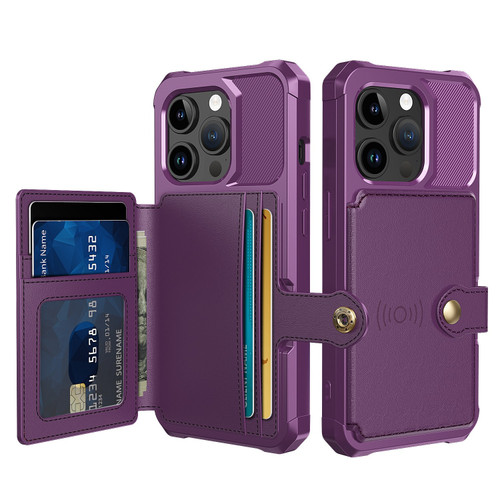 iPhone 15 Pro Magnetic Wallet Card Bag Leather Phone Case - Purple