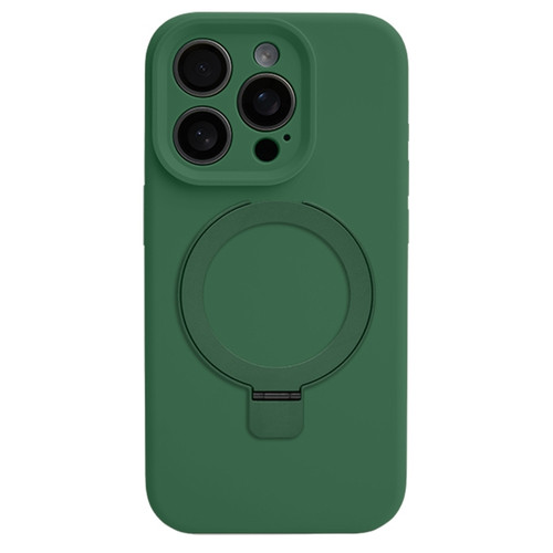 iPhone 15 Pro Precision Hole Liquid Silicone MagSafe Metal Ring Holder Phone Case - Green