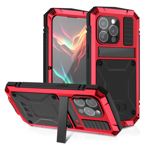 iPhone 15 Pro R-JUST Shockproof Life Waterproof Dust-proof Metal + Silicone Phone Case with Holder - Red