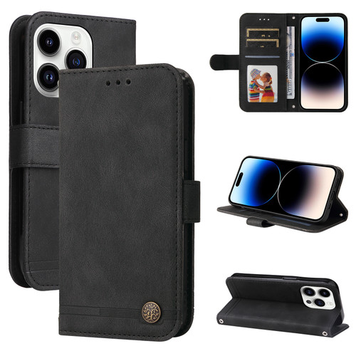 iPhone 15 Pro Skin Feel Life Tree Leather Phone Case - Black