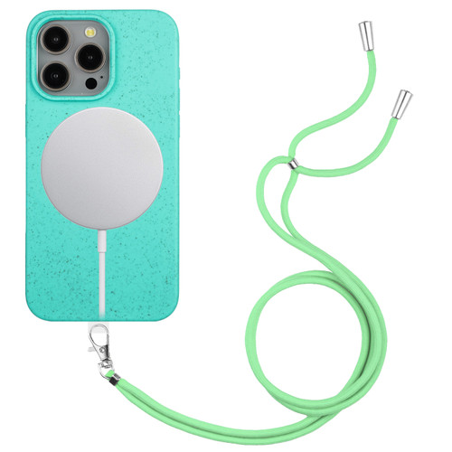 iPhone 15 Pro Wheat MagSafe Magnetic Straw Material + TPU Phone Case with Lanyard - Green