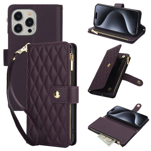 iPhone 15 Pro YM016 Rhombic Zipper Card Wallet Leather Phone Case with Lanyard - Dark Purple