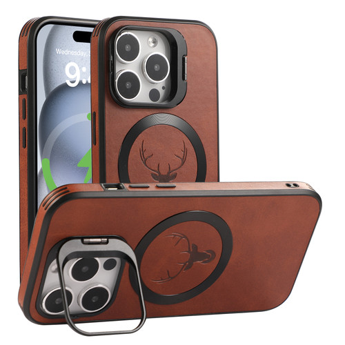 iPhone 15 Plus Elk Lens Holder Magsafe Shockproof Phone Case - Brown