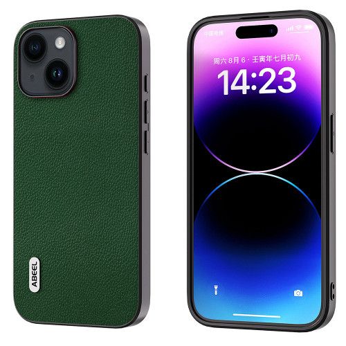 iPhone 14 ABEEL Black Edge Genuine Leather Mino Phone Case - Green