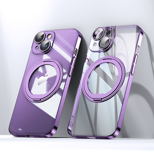 iPhone 14 Electroplated 360 Degree Bracket MagSafe Magnetic Phone Case - Transparent Purple