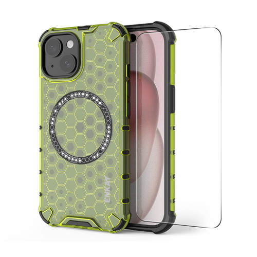 iPhone 14 ENKAY Hat-Prince Honeycomb MagSafe Shockproof Phone Case with Large Arc Edge Film - Green