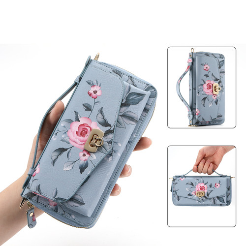 iPhone 14 Flower Multi-functional Crossbody Zipper Wallet MagSafe Leather Phone Case - Blue