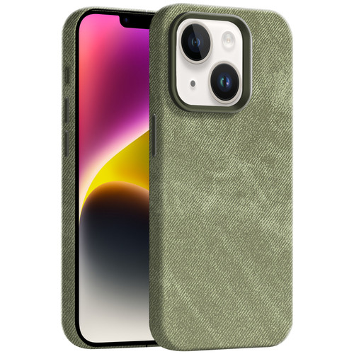 iPhone 14 Skin Feel Denim Leather MagSafe Phone Case - Khaki Green