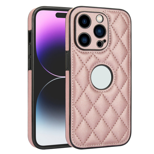iPhone 14 Pro Max Rhombic Leather Back Cover Phone Case - Rose Gold