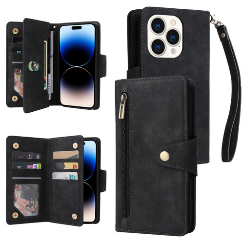 iPhone 14 Pro Max Rivet Buckle 9 Cards Three Fold Leather Phone Case - Black