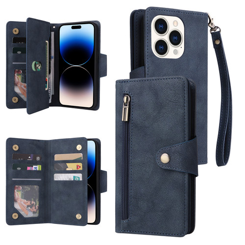 iPhone 14 Pro Max Rivet Buckle 9 Cards Three Fold Leather Phone Case - Blue