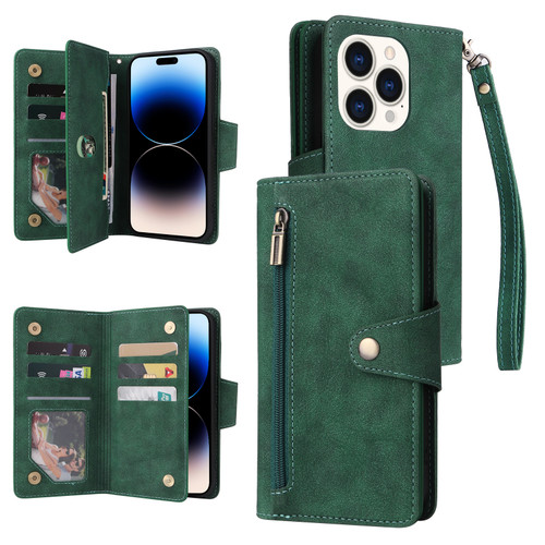 iPhone 14 Pro Max Rivet Buckle 9 Cards Three Fold Leather Phone Case - Green