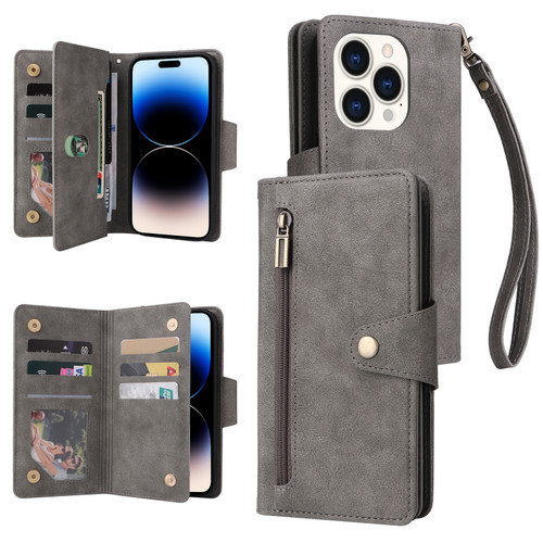 iPhone 14 Pro Max Rivet Buckle 9 Cards Three Fold Leather Phone Case - Grey