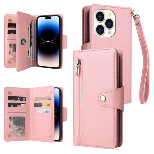 iPhone 14 Pro Max Rivet Buckle 9 Cards Three Fold Leather Phone Case - Rose Gold