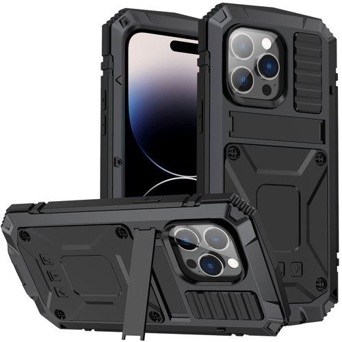 iPhone 14 Pro Max R-JUST Shockproof Waterproof Dust-proof Case with Holder - Black