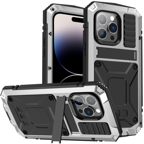 iPhone 14 Pro Max R-JUST Shockproof Waterproof Dust-proof Case with Holder - Silver