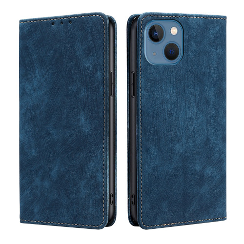 iPhone 14 Pro RFID Anti-theft Brush Magnetic Leather Phone Case - Blue
