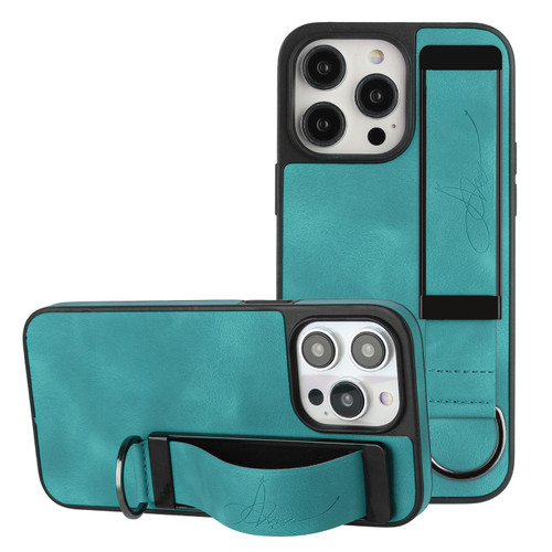 iPhone 14 Pro Wristband Holder Leather Back Phone Case - Green