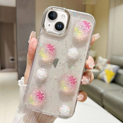 iPhone 14 Plus 3D Flower Glitter Epoxy TPU Phone Case - Pink Strawberry