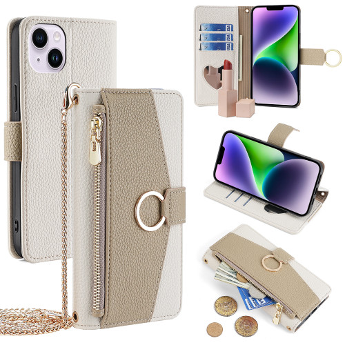 iPhone 14 Plus Crossbody Litchi Texture Leather Phone Case - White