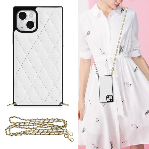 iPhone 14 Plus Crossbody Rhombic Microfiber Leather Phone Case - White