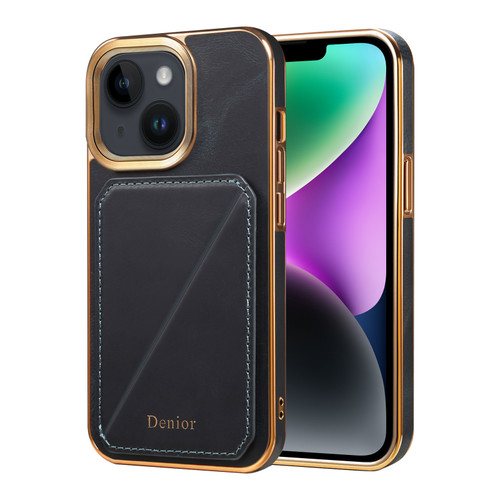 iPhone 14 Plus Denior Oil Wax Leather Electroplating Card Slot Holder Phone Case - Blue