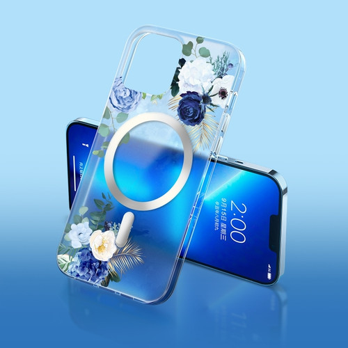 iPhone 14 Plus Flower Frosted MagSafe Phone Case - Blue Flower