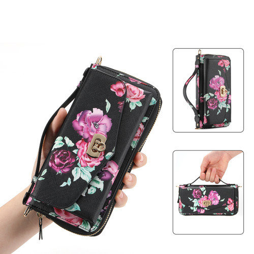 iPhone 14 Plus Flower Multi-functional Crossbody Zipper Wallet MagSafe Leather Phone Case - Black
