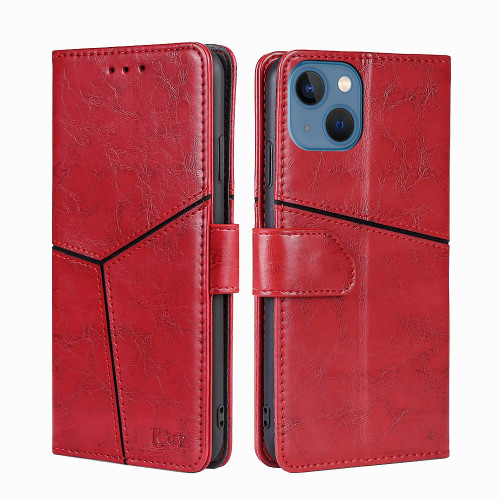 iPhone 14 Plus Geometric Stitching Leather Phone Case - Red