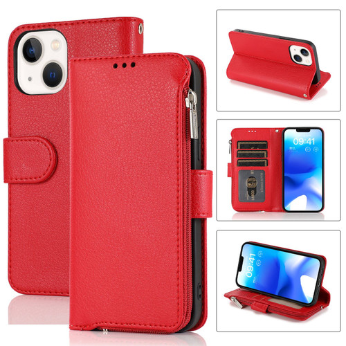 iPhone 14 Plus Microfiber Zipper Leather Phone Case - Red