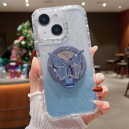 iPhone 14 Plus Mirror Butterfly Holder Glitterr MagSafe Phone Case - Blue