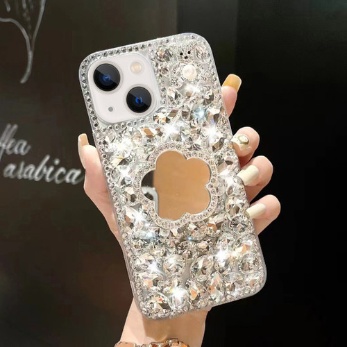 iPhone 14 Plus Mirror Handmade Bling Rhinestone PC Phone Case - Silver Gray Flower