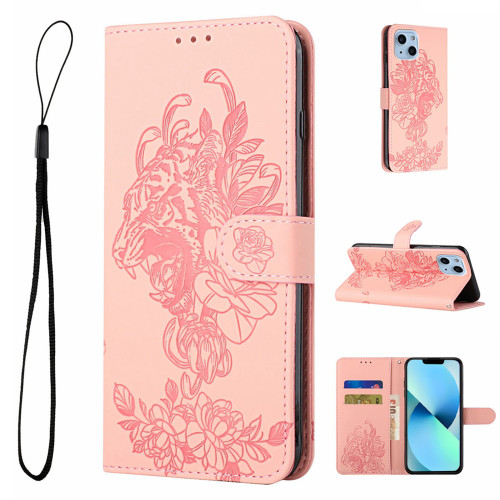 iPhone 14 Plus Tiger Flower Embossing Leather Phone Case - Pink