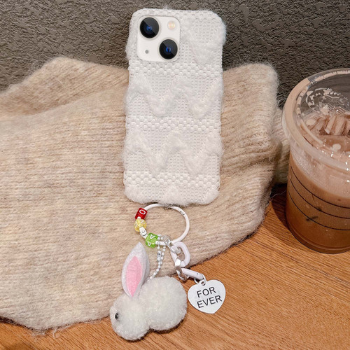 iPhone 14 Plus W-texture Plush PU Hybrid PC Phone Case with Doll Keychain - White