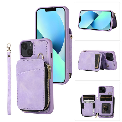 iPhone 14 Plus Zipper Card Bag Back Cover Phone Case - Purple