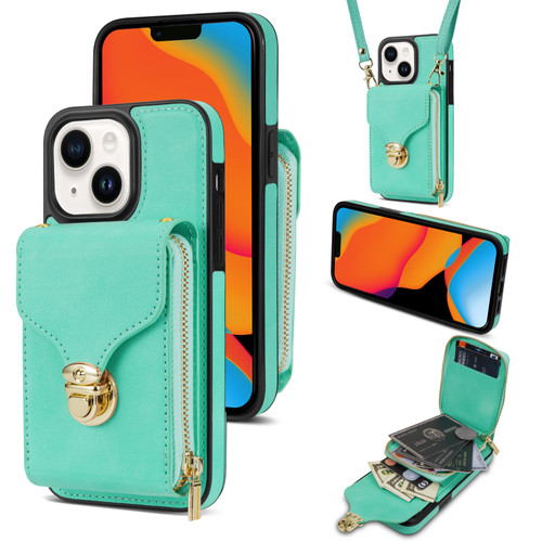 iPhone 14 Plus Zipper Hardware Card Wallet Phone Case - Mint Green