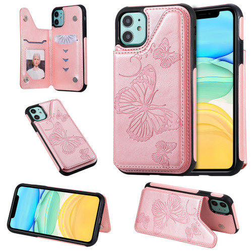 iPhone 11 Butterfly Embossing Pattern Shockproof Protective Case with Holder & Card Slots & Photo Frame - Rose Gold