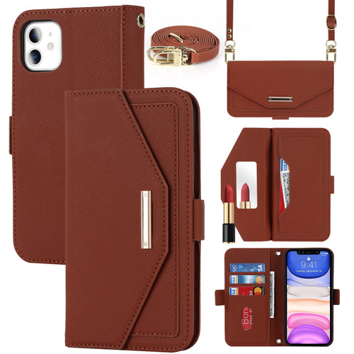 iPhone 11 Cross Texture Lanyard Leather Phone Case - Brown