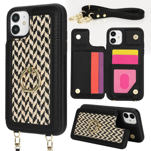 iPhone 11 Double Bckle Card Slot Full Coverage Phone Case with Cross-body Strap - Black