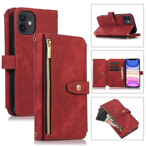 iPhone 11 Dream 9-Card Wallet Zipper Bag Leather Phone Case - Red