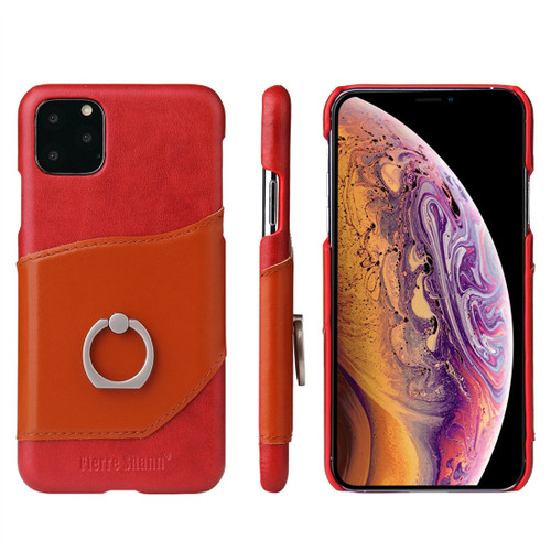 iPhone 11 Fierre Shann Oil Wax Texture Genuine Leather Back Cover Case with 360 Degree Rotation Holder & Card Slot - Red